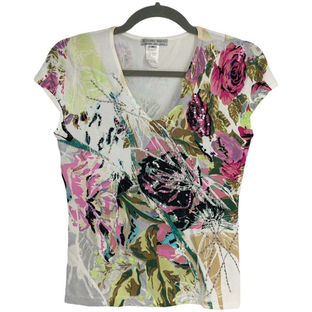 Alberto Makali short sleeve v-neck floral abstract pastel sequin shirt M